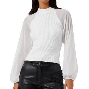 FRENCH CONNECTION Melody Mixed Media Mock Neck Sheer Long Sleeve White Top S EC